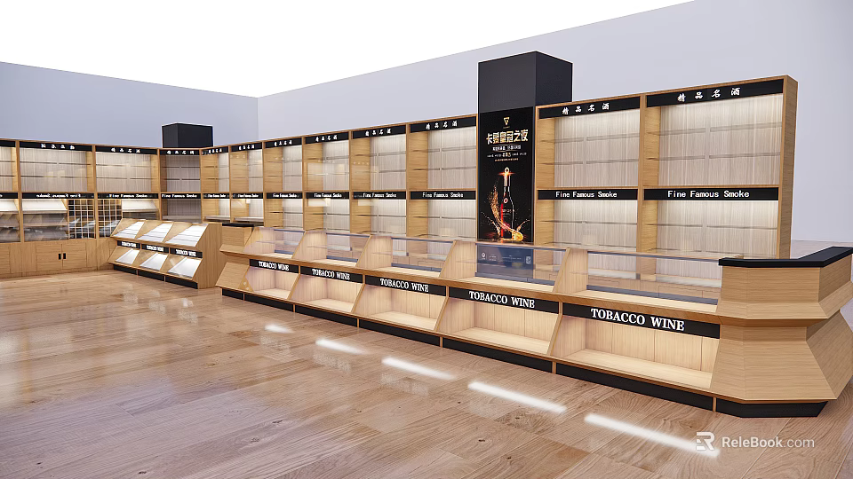 Retail Store Display Shelves With Wooden Structure Glass Counters And Tobacco Wine Labels 3d model 