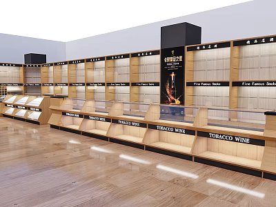 Retail Store Display Shelves With Wooden Structure Glass Counters And Tobacco Wine Labels 3d model