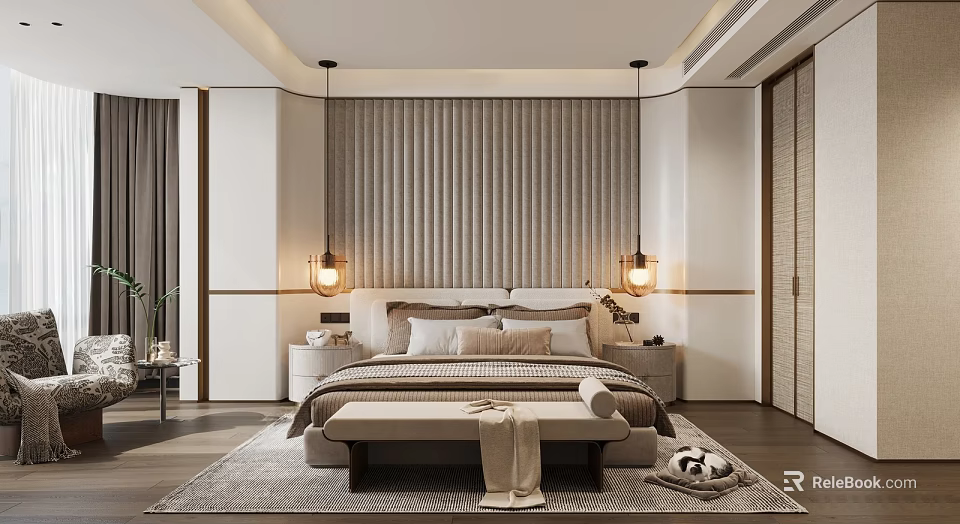 Modern Bedroom Interior With Textured Bedhead Wall Pendant Lights Bedside Tables And Area Rug 3d model 
