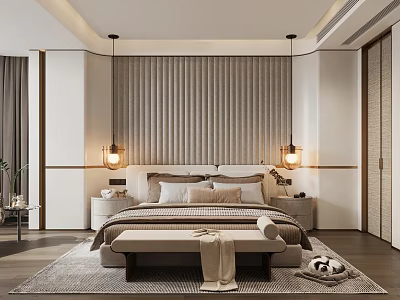 Modern Bedroom Interior With Textured Bedhead Wall Pendant Lights Bedside Tables And Area Rug 3d model