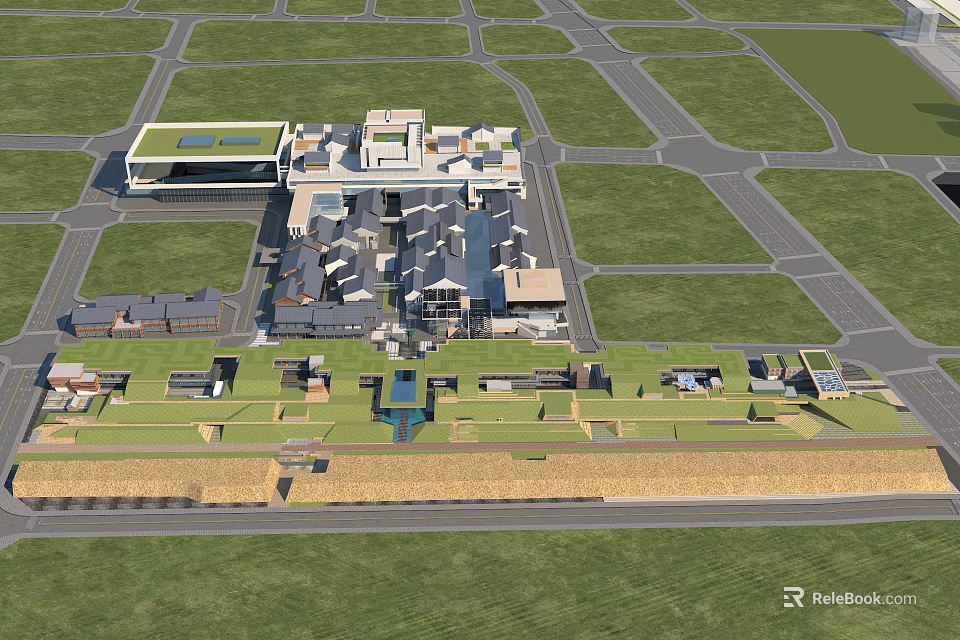 Commercial Street Featuring Modern Buildings Green Spaces Pedestrian Walkways And Central Plaza 3d model 