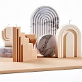 Beige Geometric Decorative Ornament Set With Marble Texture And Arch Shapes