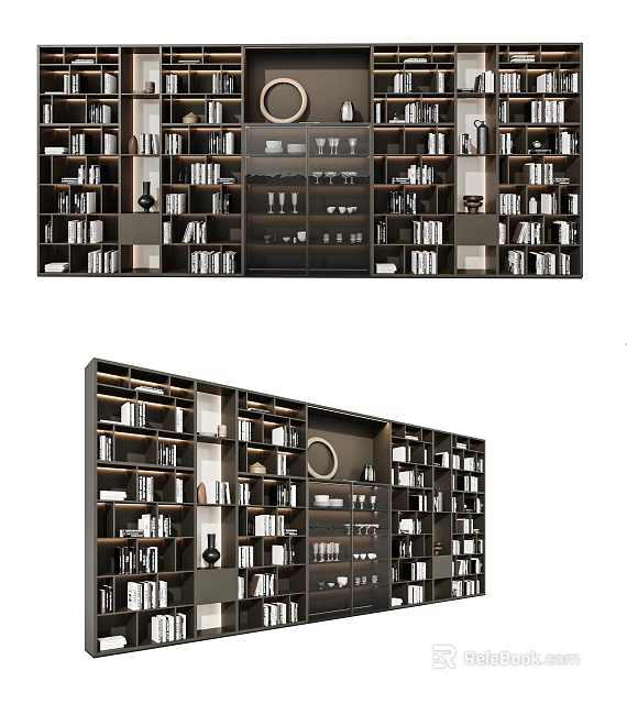 Elegant Modern Bookcase Design With Multiple Shelves Books And Decorative Items 3d model