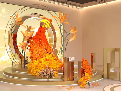 Live Stream Room Setup With Circular Decoration Orange Yellow Flowers And Golden Structures 3d model