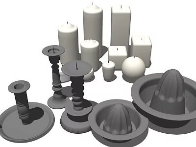 Stylish Decorative Candle Holders With Various Designs Different Heights And White Candles 3d model