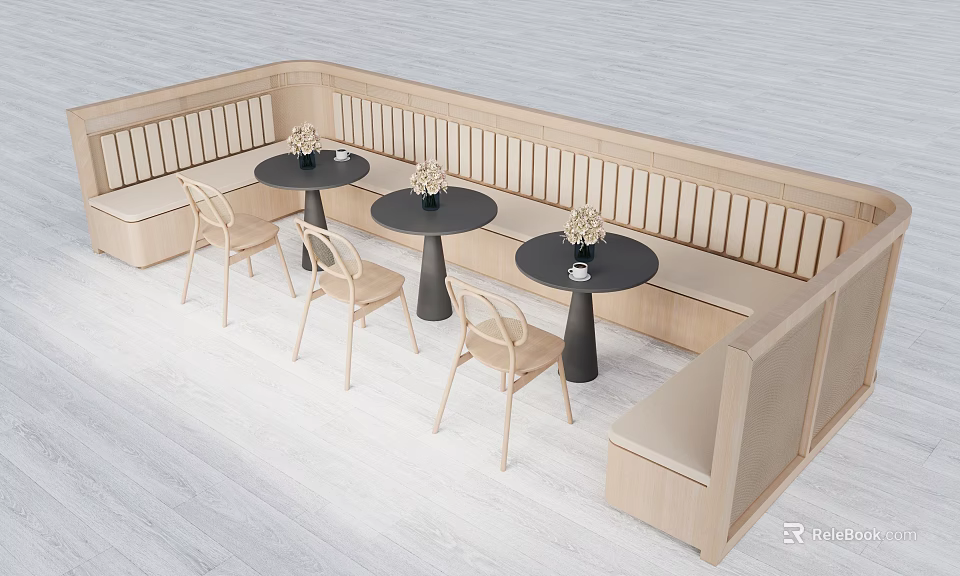 Modern Minimalist Dining Table Set With Light Colored Bench Black Round Tables Beige Chairs 3d model