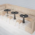Modern Minimalist Dining Table Set With Light Colored Bench Black Round Tables Beige Chairs 3d model