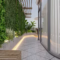 Green Plant Wall Decorated Terrace With Umbrella Wicker Chairs Circular Wooden Platform And Light Strips