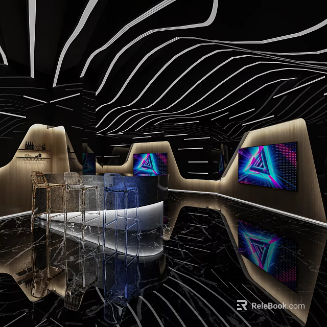 Modern KTV Interior Design With Neon Lights Screens Bar Counter And Comfortable Seats 3d model 