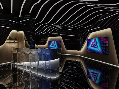 Modern KTV Interior Design With Neon Lights Screens Bar Counter And Comfortable Seats 3d model