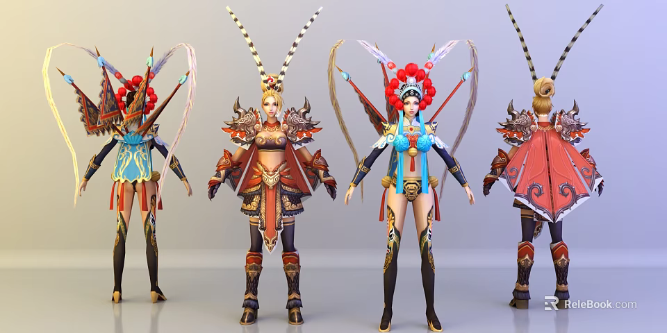 Mythical Female Characters with Ornate Feather Adorned Headdresses Vibrant Colorful Ancient Mythic Creature Inspired Outfits 3d model 