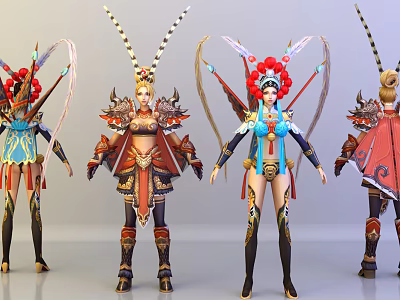 Mythical Female Characters with Ornate Feather Adorned Headdresses Vibrant Colorful Ancient Mythic Creature Inspired Outfits 3d model