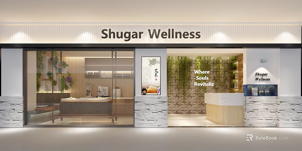 Shugar Wellness Mall Storefront with Glass Doors Green Plants Soul Renewal and Reception Counter 3d model 