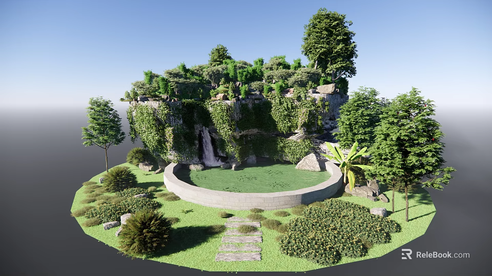 Lush Natural Garden Landscape With Green Trees Waterfall Circular Lawn And Stone Path 3d model 