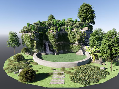 Lush Natural Garden Landscape With Green Trees Waterfall Circular Lawn And Stone Path 3d model