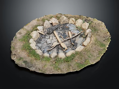 Rustic Stone Circle Fire Pit Scene With Ash Crossed Wood Logs And Surrounding Grass 3d model