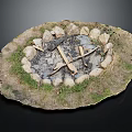 Rustic Stone Circle Fire Pit Scene With Ash Crossed Wood Logs And Surrounding Grass 3d model