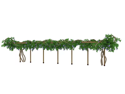 Lush Green Vine Covered Wooden Pergola With Support Posts And Leaves 3d model