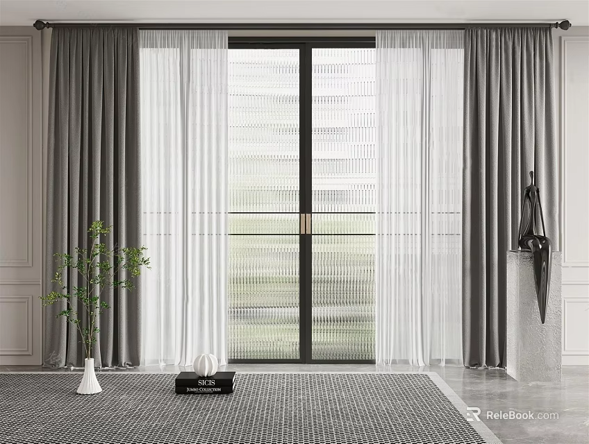 Gray And White Double Layer Curtains In Modern Interior With Floor To Ceiling Window 3d model 