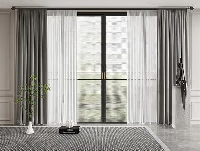 Gray And White Double Layer Curtains In Modern Interior With Floor To Ceiling Window 3d model