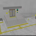 Building Entrance Structure With Steps Handrails Wheelchair Ramp And Yellow Lines