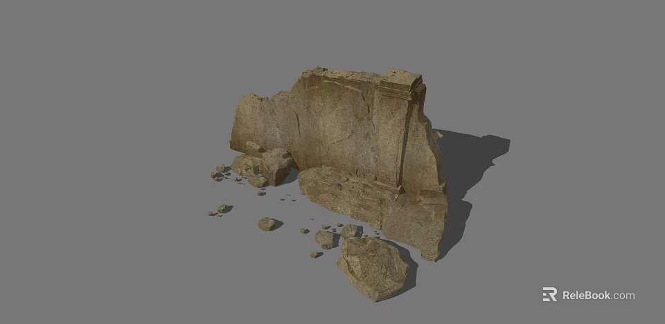 Ancient Stone Building Exterior With Broken Structure And Scattered Debris On Gray Background 3d model 