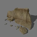Ancient Stone Building Exterior With Broken Structure And Scattered Debris On Gray Background