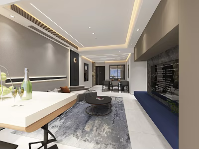 Modern Living Dining Room Interior With Open Layout Sofa Dining Table And Decorative Rug 3d model