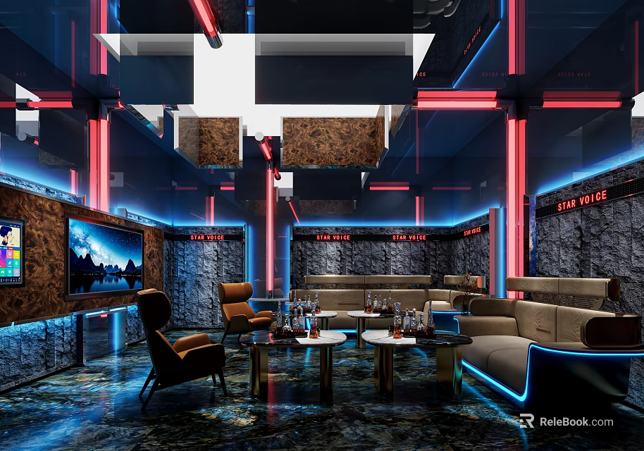 Contemporary KTV Interior Design With Neon Lighting Comfortable Sofas And TV Screens 3d model 