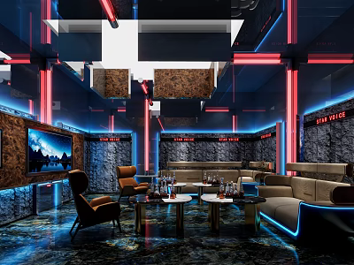 Contemporary KTV Interior Design With Neon Lighting Comfortable Sofas And TV Screens 3d model