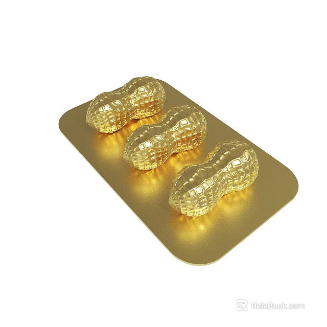 Three Shiny Golden Peanut Shaped Objects Arranged On Gold Tray 3d model 