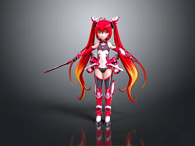Anime Style Female Character with Red Hair Orange Gradient Horns Red White Battle Outfit Sword 3d model