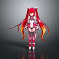 Anime Style Female Character with Red Hair Orange Gradient Horns Red White Battle Outfit Sword