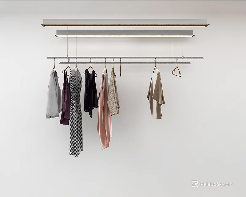 Metal Clothes Hanger with Hanging Clothing Items on Horizontal Bars Against White Background 3d model 
