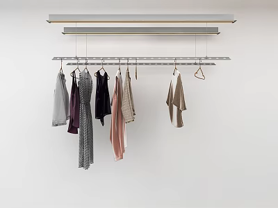 Metal Clothes Hanger with Hanging Clothing Items on Horizontal Bars Against White Background 3d model