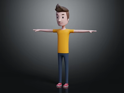 Stylized 3D Character Featuring Brown Hair Yellow T-Shirt Blue Pants Red Shoes And Arms Outstretched 3d model