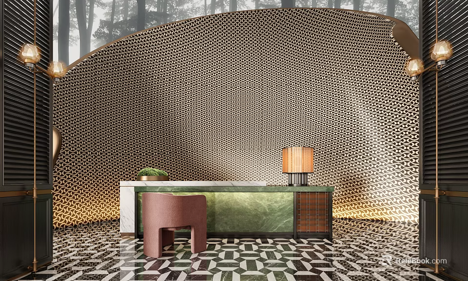 Elegant Reception Desk Design With Honeycomb Wall Green Countertop And Geometric Tiled Floor 3d model 