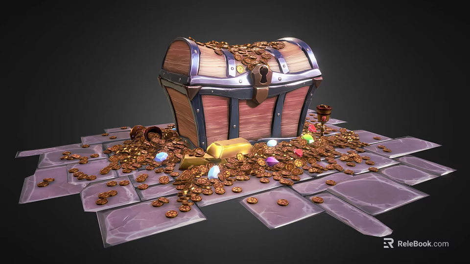 Ancient Wooden Treasure Chest With Scattered Gold Coins And Colorful Gemstones On Stone Floor 3d model 