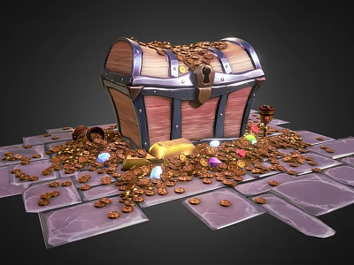 Ancient Wooden Treasure Chest With Scattered Gold Coins And Colorful Gemstones On Stone Floor 3d model