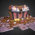 Ancient Wooden Treasure Chest With Scattered Gold Coins And Colorful Gemstones On Stone Floor