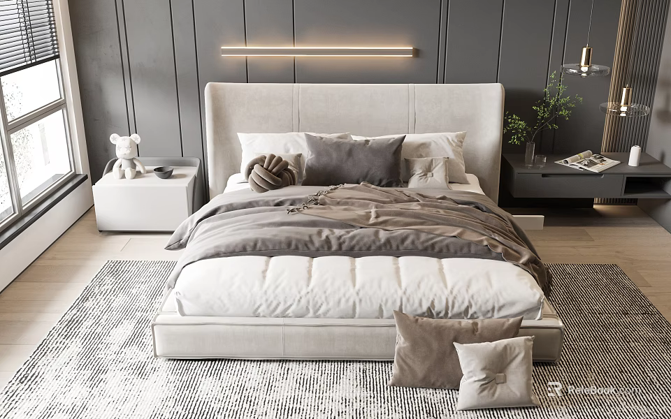 Modern Double Bed Featuring Beige Gray Pillows White Nightstands Long Bedside Lamp and Gray Rug 3d model 