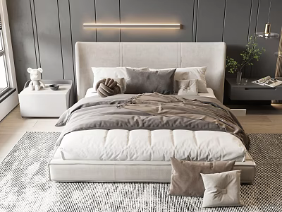 Modern Double Bed Featuring Beige Gray Pillows White Nightstands Long Bedside Lamp and Gray Rug 3d model