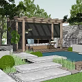 Tranquil Courtyard Garden With Wooden Pergola Deck Lush Grass Trees Seating Area And Greenery