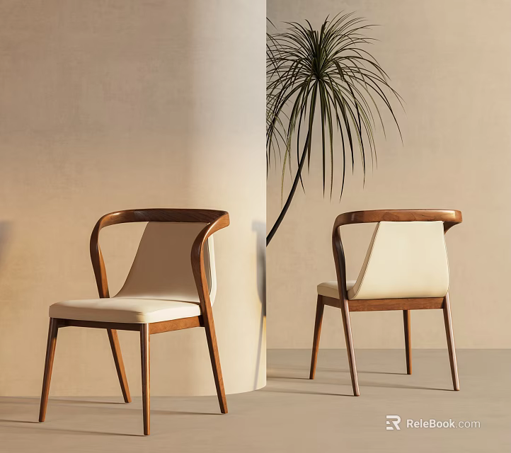 Two Modern Dining Chairs With Wooden Frame And Beige Seat Cushions By Palm Plant 3d model 