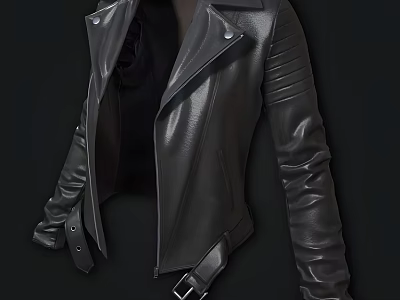 Black Leather Biker Jacket With Classic Lapel Zipper Closure And Belted Waist 3d model