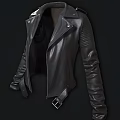 Black Leather Biker Jacket With Classic Lapel Zipper Closure And Belted Waist