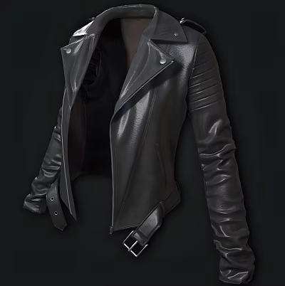 Black Leather Biker Jacket With Classic Lapel Zipper Closure And Belted Waist 3d model