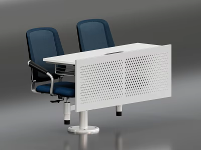 Modern Office Table And Chair Set With Blue Seats And White Perforated Design 3d model