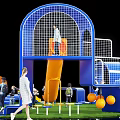 Interactive Playground Area With Blue Orange Slides Climbing Structures Green Lawn And Children 3d model