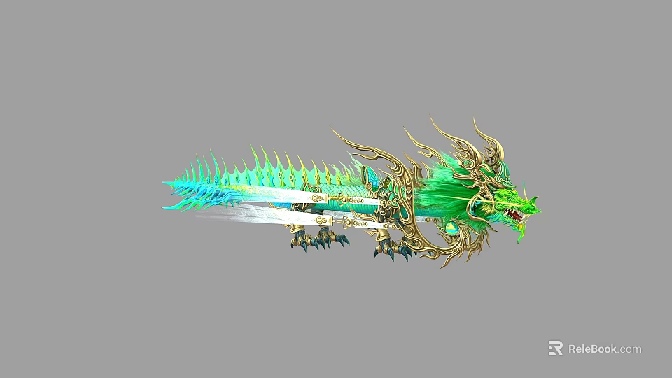 Intricate Dragon Shaped Sword Featuring Green Scales And Gold Decorative Design 3d model 